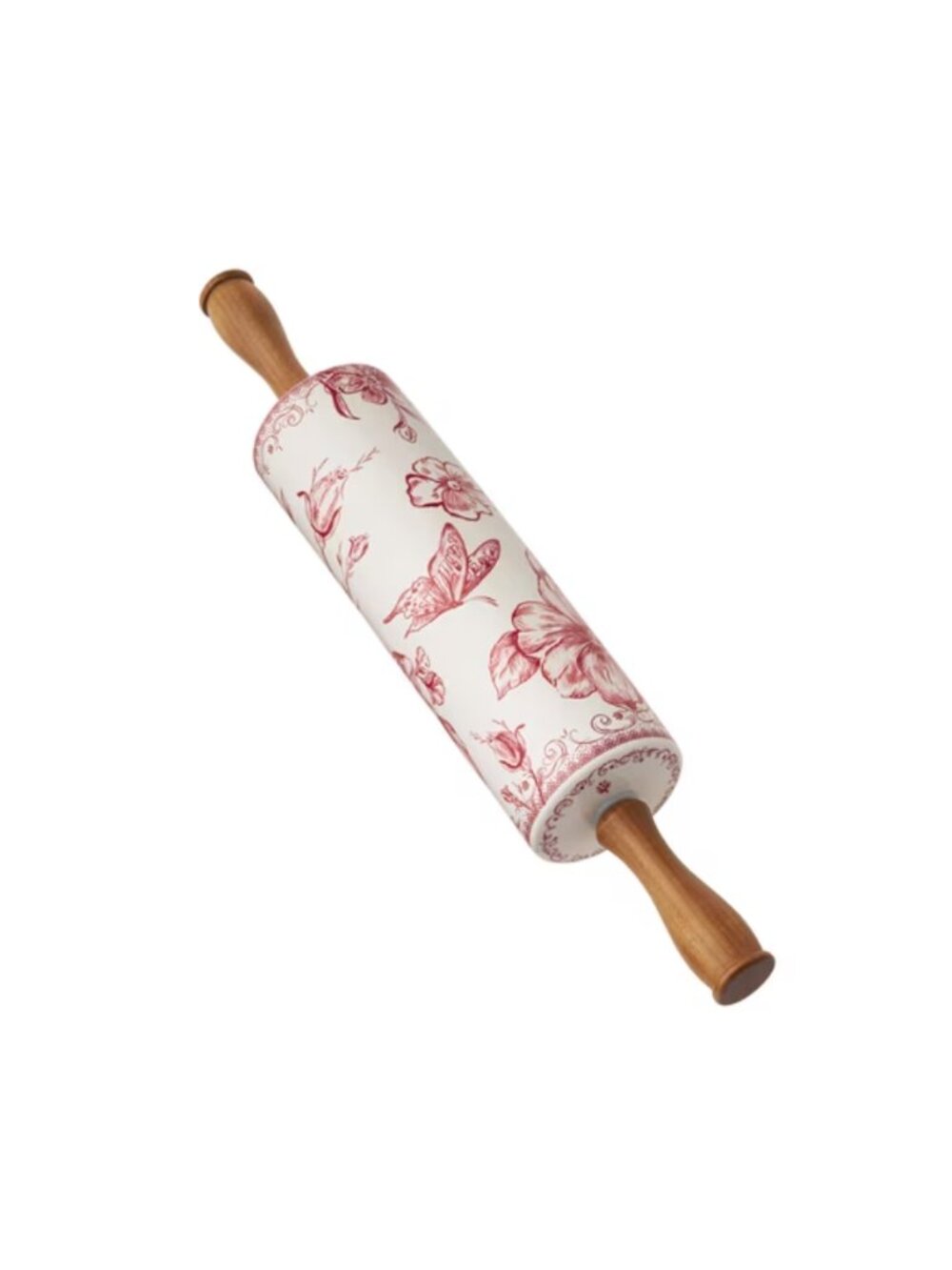 The Pioneer Woman Red Wood Handles Floral Design Agatha Ceramic Rolling Pin